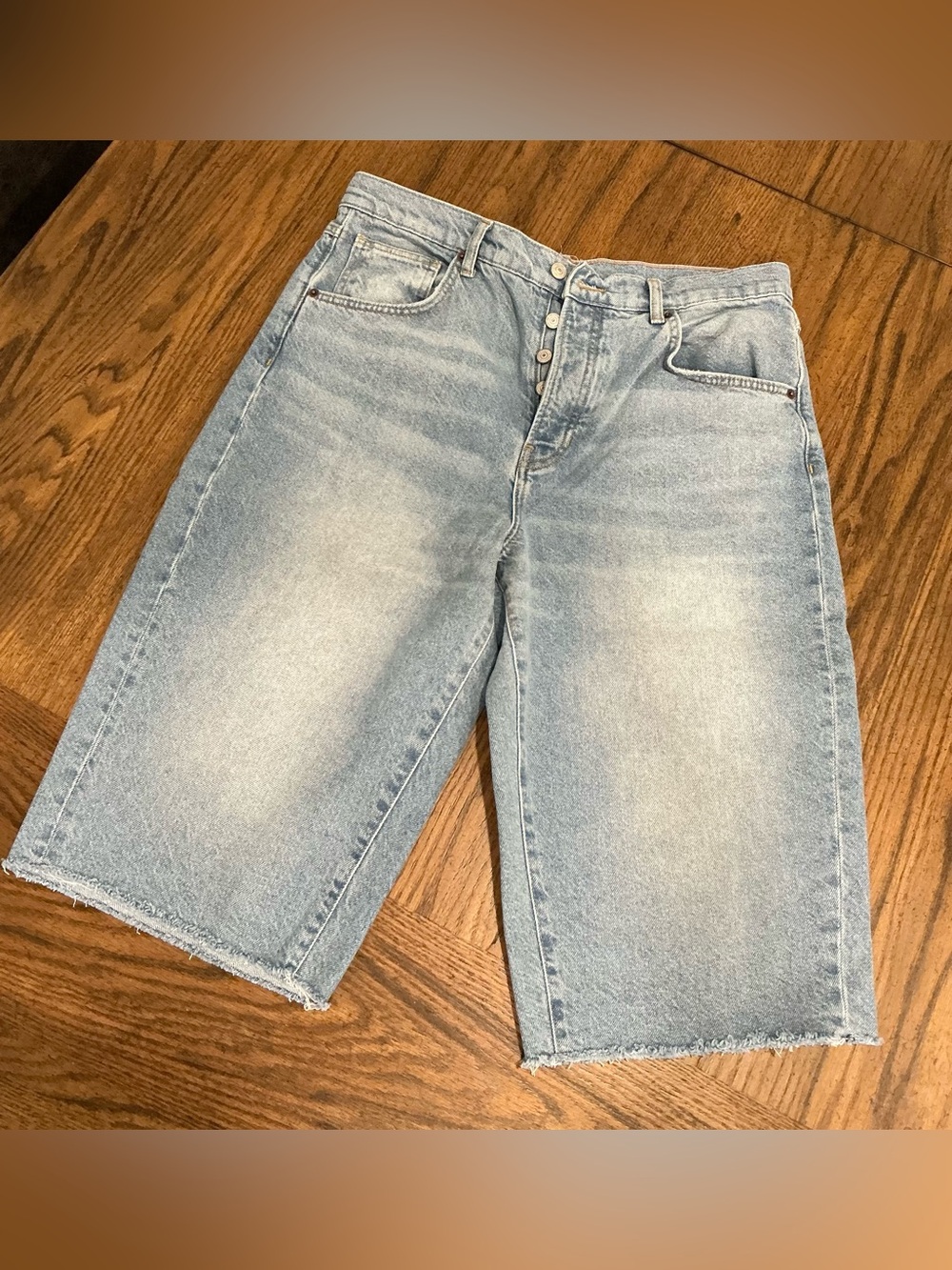 We The Free Light Blue Relaxed Denim Knee-Length Shorts